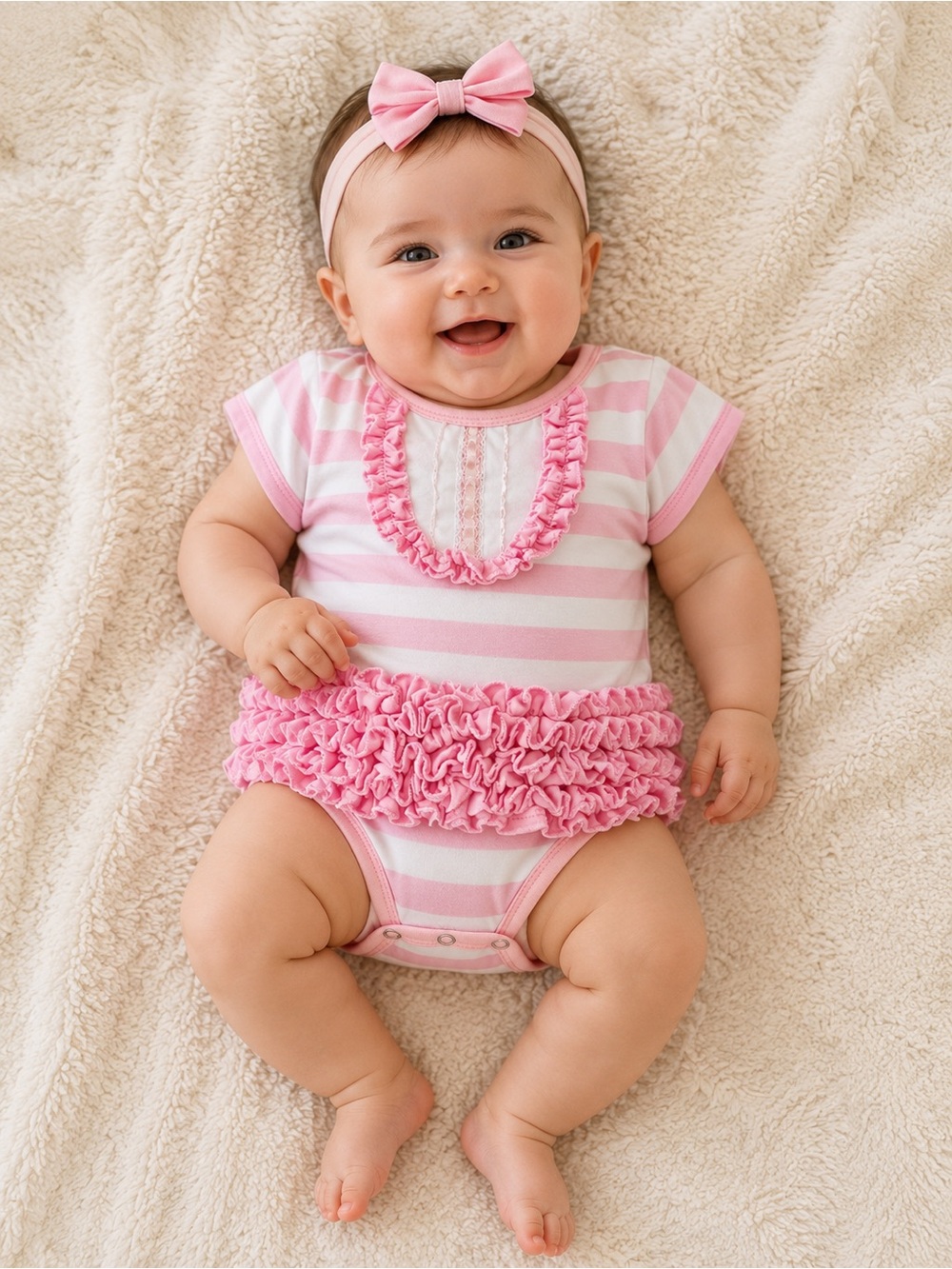 Popatu Pink & White Striped Ruffle Baby Onesie